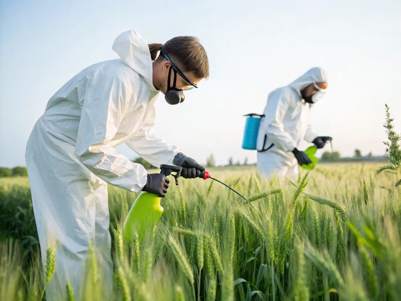 An image showing a controlled pest management activity, with professionals using environmentally friendly methods to protect crops and wildlife habitats.
