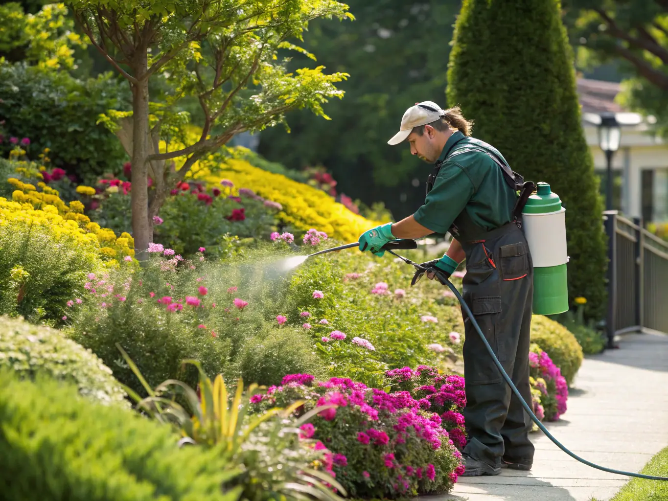 A close-up shot of a trained professional carefully applying environmentally friendly pest control methods in a field, showcasing responsible pest control practices.