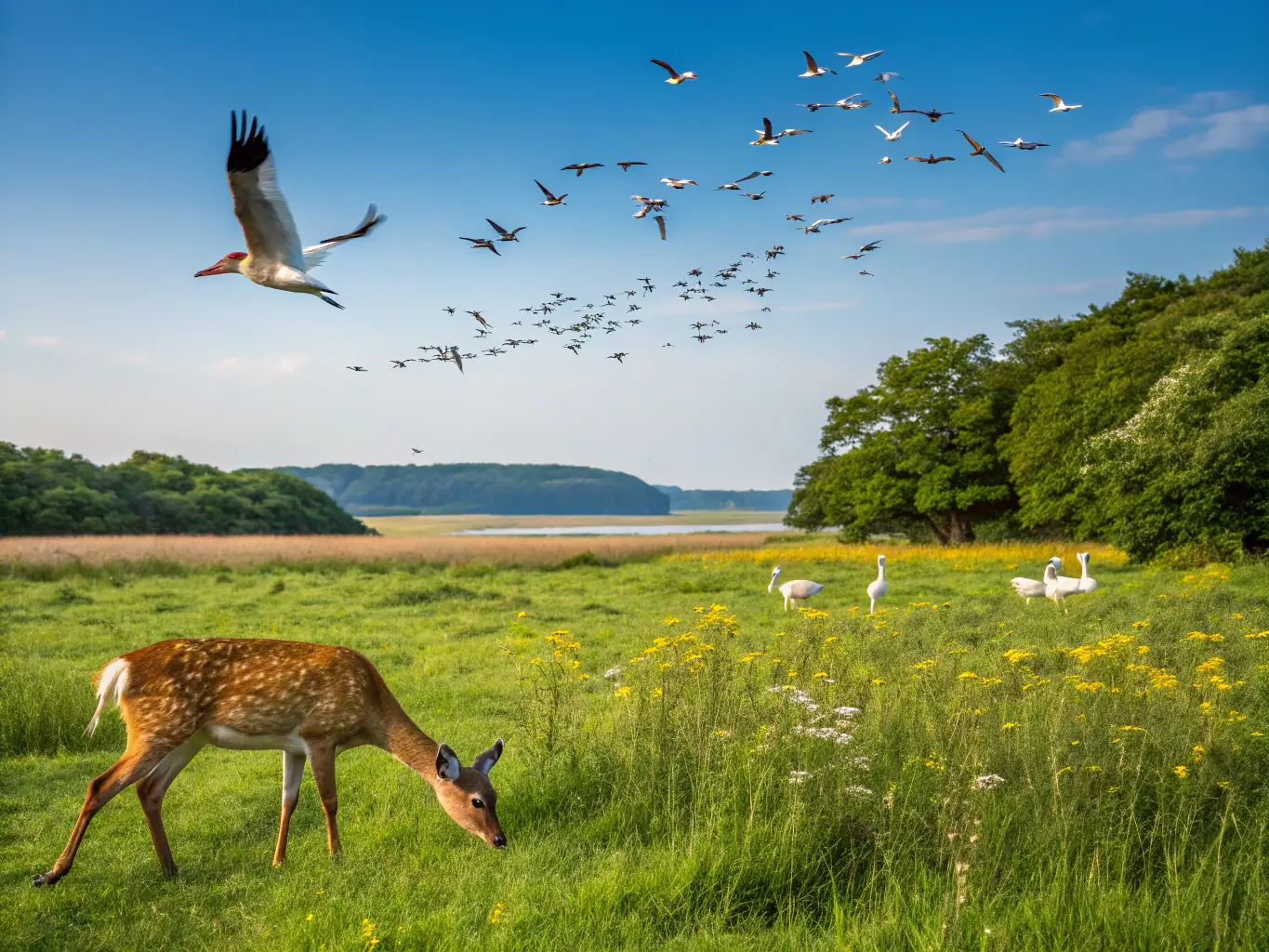 A serene landscape featuring a healthy deer population grazing peacefully in a meadow, symbolizing successful game reproduction efforts by ACCA TEISSIERES DE CORNET.