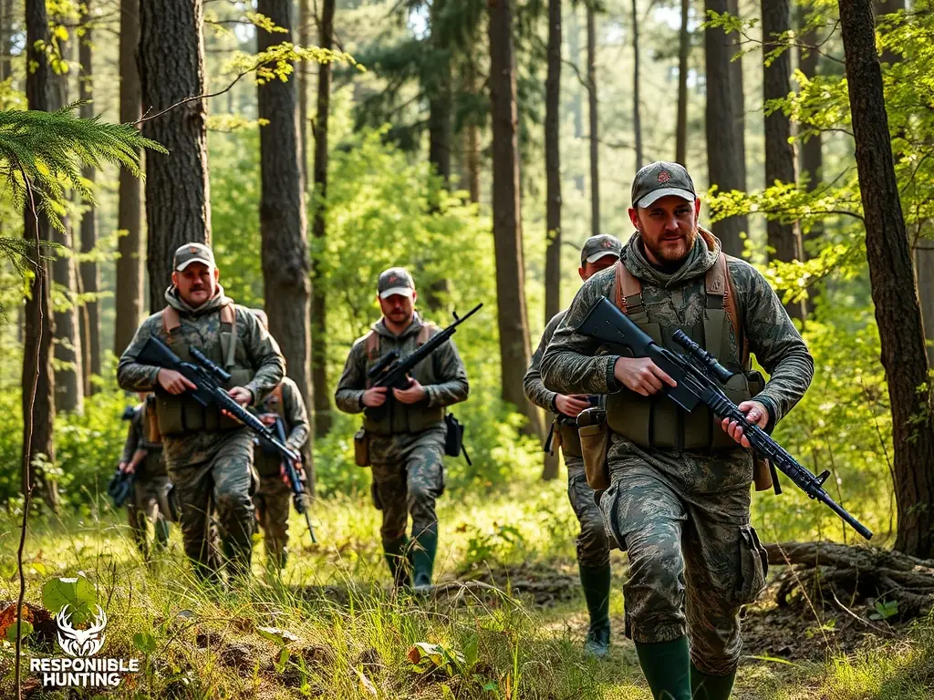 A photograph of a group of hunters participating in an organized hunting event, adhering to strict safety and ethical standards, highlighting the organization's role in promoting responsible hunting practices.